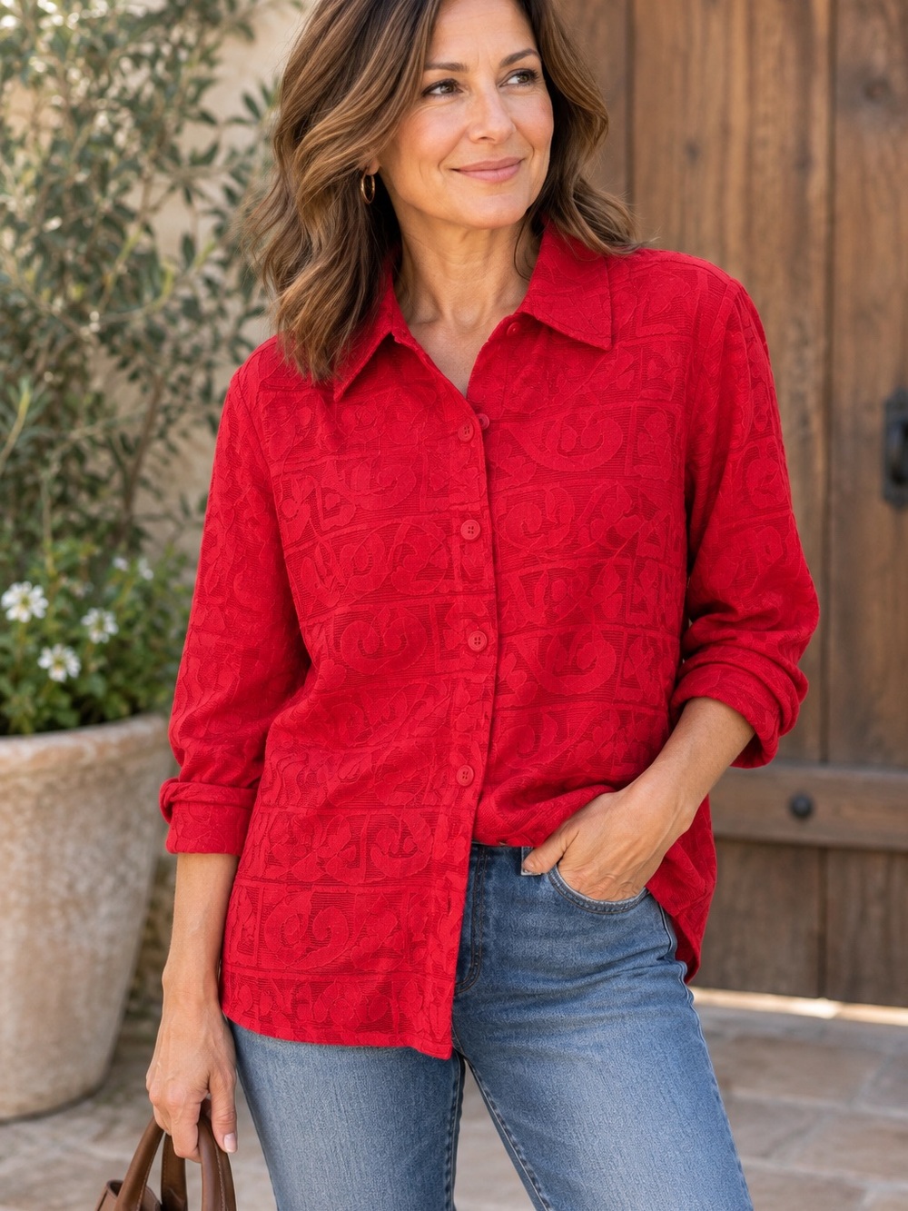 Coldwater Creek Red Textured Jacquard Button Front Shirt Women’s XL